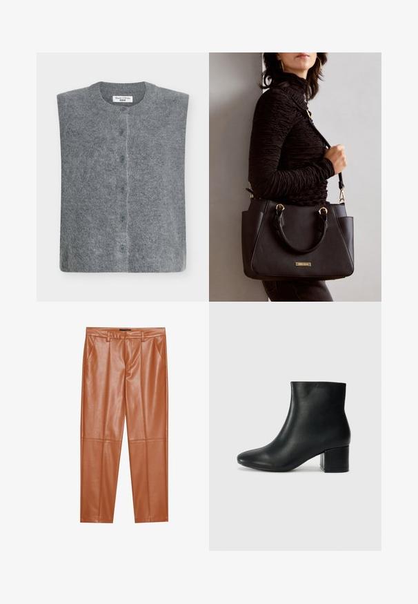 Gray wool tank top with a round neckline and button-front closure, featuring a soft, fuzzy texture and six blue buttons along the placket.; Long-sleeve white cotton shirt with a round neckline, smooth texture, and fitted silhouette. No visible patterns or accents.; Brown faux leather trousers with a tailored fit, featuring front pleats and straight legs. Smooth texture with no visible hardware or accents.; Black leather ankle boots with a pointed toe and a chunky heel. Smooth texture with minimal accents and a sleek, fitted design.; Black handbag with textured surface, dual top handles, and adjustable shoulder strap. Features gold-tone hardware and side pockets.