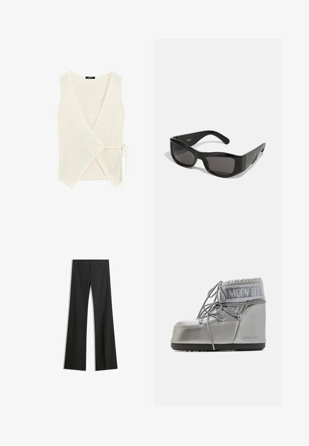 Top ve stylu wrap v světle béžové pletenině, s výstřihem do V, bočním uzavíráním na zavázání a texturovaným povrchem.; Černé dlouhé tričko s rukávy vyrobené z bavlny, s kulatým výstřihem a hladkou texturou. Minimalistický design bez vzorů nebo akcentů.; Černé široké kalhoty vyrobené z hladkého materiálu, s vysokým pasem a čistými liniemi, bez viditelných vzorů nebo ozdob.; Stříbrná voděodolná bota s kulatým tvarem, texturovaným povrchem a šedými tkaničkami. Na horní části se nachází výrazné logo "MOON BOOT".; Černé obdélníkové sluneční brýle s tmavými skly, vyrobené z lesklého plastu. Rám má ostré úhly a výrazné logo na straně.; MM6 Maison Margiela SMALL JAPANESE - Velká kabelka - black