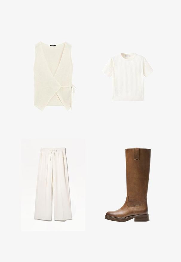 Wrap-Style Oberteil aus leichtem beigen Strickstoff, mit V-Ausschnitt, seitlichem Bindebandverschluss und strukturierter Oberfläche.; Weißer Kurzarmpullover mit Zopfmuster, Rundhalsausschnitt und geripptem Saum. Weicher Stoff, lässige Passform und schlichtes Design.; Weiße weite Hosen aus leichtem Stoff, mit elastischem Bund, Kordelzug und seitlichen Taschen, ohne sichtbare Muster.; Braunes Leder-Knöchelhochstiefel mit abgerundetem Zeh, strukturiertem Obermaterial und niedrigem, gestapeltem Absatz. Verfügt über ein seitliches Einsätzen und eine Ziehschlaufe an der Oberseite.