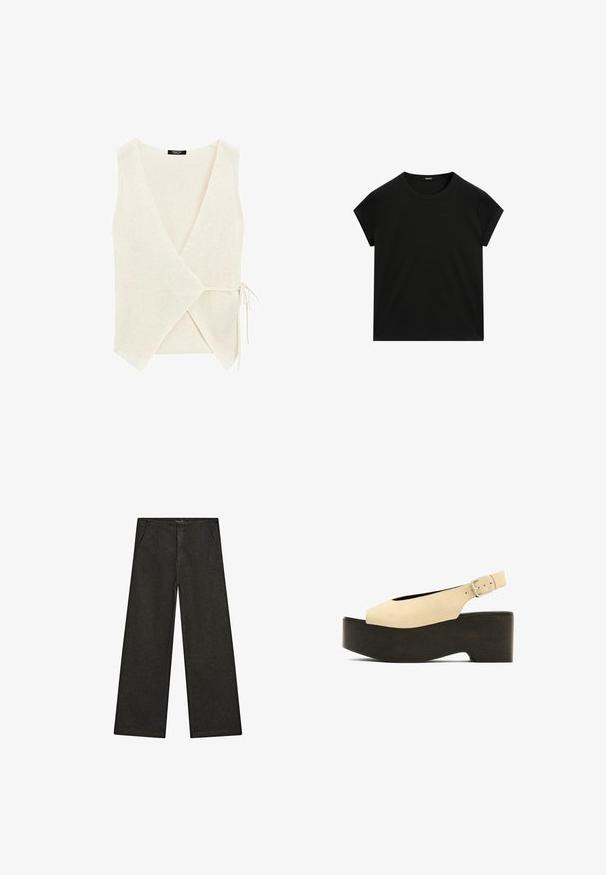 Top a wrap in maglia beige chiaro, con scollatura a V, chiusura laterale con fiocco e superficie strutturata.; T-shirt nera a maniche corte con collo rotondo e orlo dritto, presentata in piano su uno sfondo bianco.; Pantaloni in denim neri a gamba larga con vita media, due tasche frontali e un design pulito e minimalista senza decorazioni visibili.; Sandali platform in suede beige con punta aperta, design slingback e base scura simile al legno, dotati di una fibbia metallica per la regolazione.