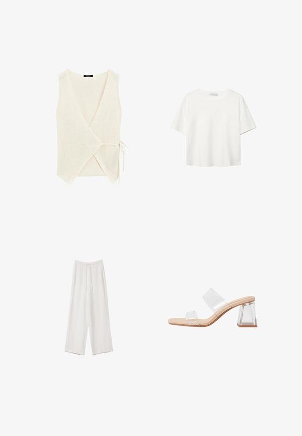 Wrap-Style Oberteil aus leichtem beigen Strickstoff, mit V-Ausschnitt, seitlichem Bindebandverschluss und strukturierter Oberfläche.; Weißes T-Shirt mit kurzen Ärmeln aus Baumwolle. Hat einen Rundhalsausschnitt und eine lockere Passform. Glatte Textur ohne sichtbare Muster oder Akzente.; Weiße weit geschnittene Hose aus leichtem Stoff. Mit einem elastischen Bund und Kordelzug sowie Seitentaschen. Glatte Textur.; Transparente Sandalen mit Absatz, die zwei klare Riemen, eine beige Sohle und einen geometrischen klaren Blockabsatz aufweisen. Minimalistisches Design mit glatter Textur.