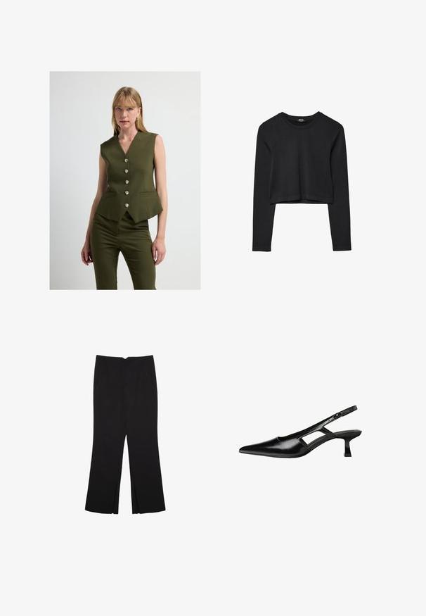 Bezrękawnik w oliwkowym zielonym kolorze z dekoltem w serek, sześcioma ozdobnymi guzikami, dwoma przednimi kieszeniami i dopasowanym krojem. Gładka faktura materiału.; Czarny krótki top z długim rękawem, okrągłym dekoltem, gładkim wzorem i lekko zaokrąglonym dołem.; Czarne spodnie o prostym kroju, z przednimi kieszeniami i bocznymi rozcięciami na dole. Wykonane z miękkiego, gładkiego materiału. Odpowiednie na różne okazje.; Czarne lakierowane czółenka na odkrytej pięcie z wąskim noskiem, z wykrojem po bokach i małym kwadratowym obcasem. Gładka faktura z minimalnymi akcentami.