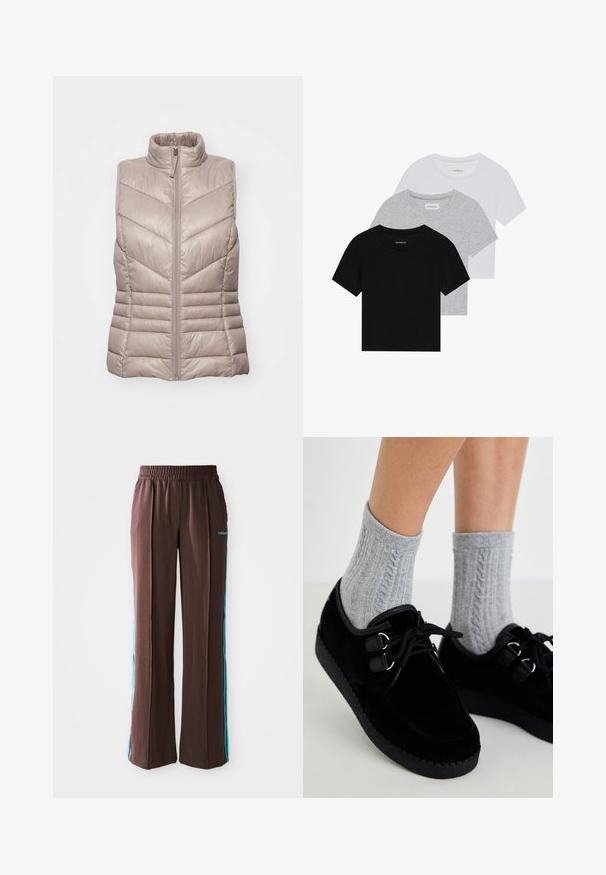 Padded, sleeveless vest in light beige with a high collar and chevron quilted design. Features a front zipper and horizontal stitching at the waist.; Set of three short-sleeve t-shirts in black, gray, and white. Made from cotton, featuring a crew neck and a simple, solid color design.; Brown athletic pants with a ribbed texture, elastic waistband, and turquoise side stripes. Features the adidas logo on the front.; Black velvet shoes with flat soles, round toe, and double eyelets. Worn with gray cable-knit socks. Smooth texture and simple design.