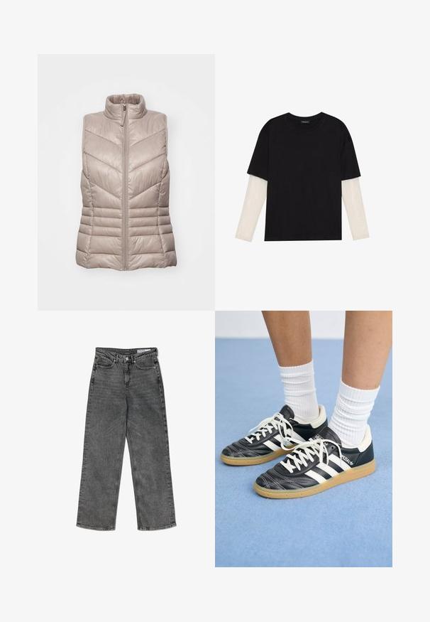 Gepolsterte ärmellose Weste in Hellbeige mit hohem Kragen und einem Zickzacksteppdesign. Verfügt über einen Reißverschluss an der Vorderseite und horizontale Nähte in der Taille.; Schwarzes T-Shirt aus Baumwolle mit kurzen Ärmeln über einer weißen Langarmschicht, die ein dezentes strukturiertes Muster aufweist. Rundhalsausschnitt.; Schwarze, hoch taillierte, gewaschenen Straight-Leg-Jeans mit Fronttaschen, Gürtelschlaufen, Knopfverschluss und einem markierten Innenbund-Label.; Schwarze Ledersneaker mit weißen Streifen, runder Zehenpartie, weißen Schnürsenkeln und Gummisohle. Abgerundet durch gepolsterten Kragen und Branding-Details.