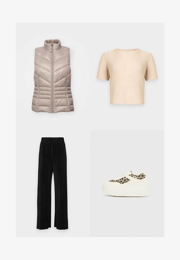 Pehmeatehniline, ilma varrukateta vest heledas beežis, millel on kõrge kaelus ja chevron õmblustes disain. Omab esi tõmblukku ja horisontaalset õmblust vöökohtadel.; Lühikeste varrukatega beež õhemast lõngast ülaosa ümar kaelusega, tekstuurse kangaga ja viimistlemata äärega. Lihtne disain, sobib kandmiseks kihiliselt või eraldi.; Mustad pleekitud püksid elastse vöökohtaga. Omavad laiad jalad ja sujuvat, tekstureeritud kangast vertikaalsete triipudega.; Valged platvorm-tennised, mille pealmine osa on sile nahk, külgedel on leopardimustriga paneel ja tekstuurse kummist tallaga.