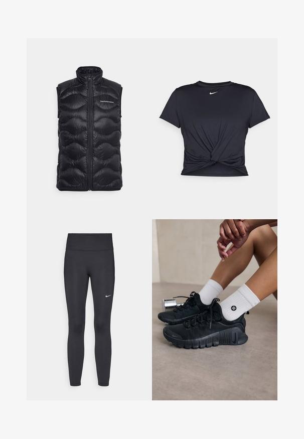 Svart pufferväst med hög krage, dragkedjestängning och quiltat mönster med scallopdesign. Logotyp placerad på övre vänstra sidan.; Svart atletisk t-shirt i mjukt tyg, med en knuten framdesign och en liten vit Nike-logga på bröstet.; Svarta leggings i elastiskt material, med hög midja och en vit Nike-logga på vänster lår. Slät textur, figurnära design.; Svarta sportskor med texturerat tyg, snörning och en framträdande sula, tillsammans med vita ribbade strumpor med en liten logotyp.