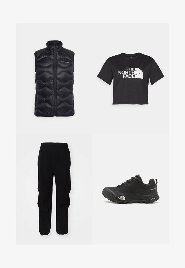 Schwarze Steppweste mit hohem Kragen, Reißverschluss und gestepptem Design mit gewelltem Muster. Logo auf der oberen linken Seite platziert.; Schwarzes, tailliertes T-Shirt aus Baumwolle mit einem weißen Logo mit geschwungenen Akzenten und dem Text "THE NORTH FACE" auf der Vorderseite. Kurze Ärmel, Rundhalsausschnitt.; Schwarze Outdoor-Hosen aus langlebigem Material, mit lockerer Passform, elastischem Bund und verstellbaren Bündchen für variable Längen.; Schwarzer Wanderschuh mit einer strukturierten Oberfläche, Schnürverschluss und einer massiven Gummisohle, die auf der Seite ein ausgeprägtes Logo sowie Profilmuster zeigt.