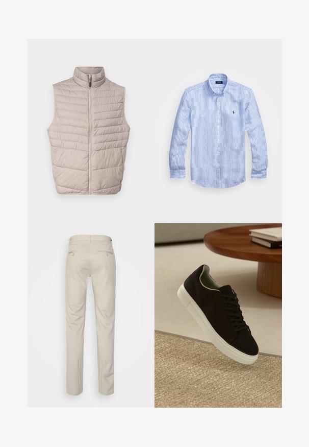 Quilted beige ærmeløs vest med høj krave og fuld lynlås. Har horisontale sømme og en glat stoftekstur.; Blå og hvid stribet langærmet skjorte lavet af bomuld, med knap-ned krave, frontknapper og et lille broderet logo på brystet.; Beige bukser med en glat overflade, lige snit, to baglommer med knapper og en standard talje.; Sort sneaker med hvid sål svævende over en beige tekstureret tæppe nær et rundt trætabel med stablede bøger.
