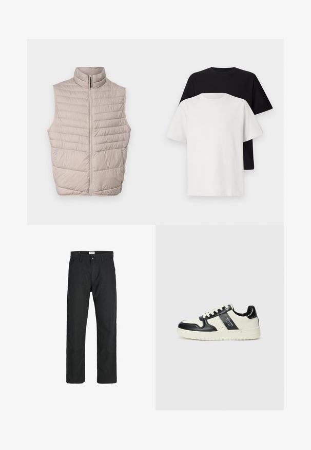 Beige gewatteerde mouwloze vest met hoge kraag en een volledige rits. Kenmerkt zich door horizontale naden en een gladde stofstructuur.; Katoenen T-shirt set met een zwarte top en een witte top, beide met korte mouwen, ronde hals en een standaard pasvorm. Textuurstof.; Zwarte broeken gemaakt van duurzame stof, met een recht gesneden ontwerp, gestikte accenten en twee voorzakken voor functionaliteit.; Leren sneakers met een zwart en crèmekleurig kleurenschema, voorzien van geperforeerde accenten, een gevoerde kraag en een gestructureerde buitenzool.