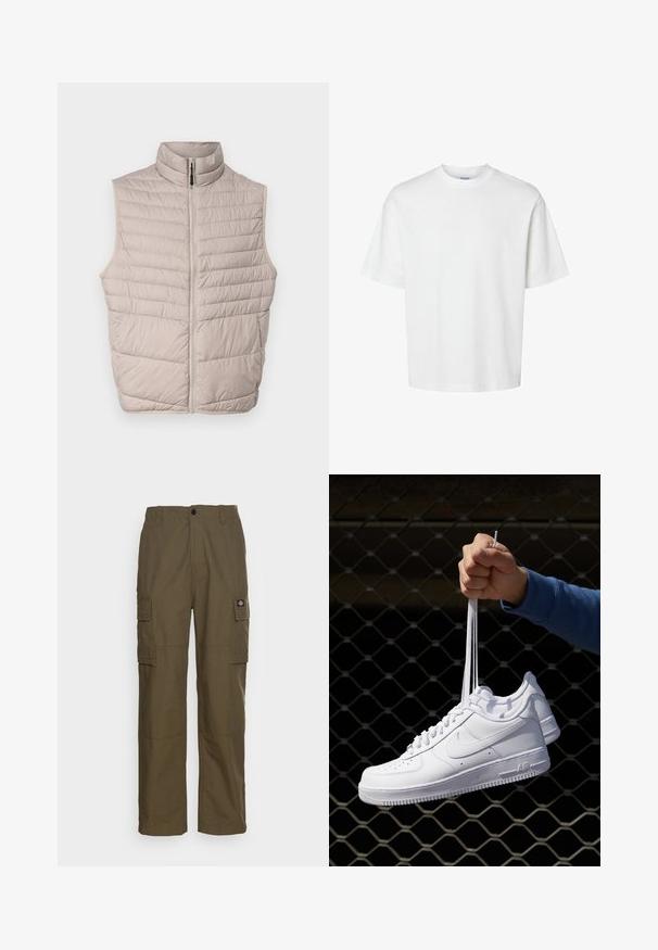 Beżowa kamizelka bez rękawów pikowana, z wysokim kołnierzem i pełnym zamkiem błyskawicznym. Ma poziome szwy i gładką teksturę tkaniny.; Biała bawełniana koszulka z krótkim rękawem, okrągłym dekoltem i luźnym krojem. Gładka struktura bez widocznych wzorów czy akcentów.; Spodnie cargo w oliwkowym kolorze, wykonane z trwałego materiału. Posiadają dwie boczne kieszenie, standardowy pas oraz prosty krój nogawek.; Białe skórzane sneakersy z perforacjami, okrągłym noskiem, płaską podeszwą i grubymi sznurówkami, z widocznym logo swoosh i napisem „AIR” na pięcie.