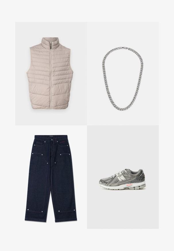 Koltud beež ilma varrukateta vest kõrge kraega ja täispika lukuga. Omab horisontaalseid õmblusi ja sileda kangast tekstuuri.; Valge puuvillane t-särk lühikeste varrukatega, ümmarguse kaelusega ja lõdva lõikega. Sile tekstuur, ilma nähtavate mustrite või aktsentideta.; Tumedat denimit laiad püksid, millel on kaks eesmist taskut, hõbedased detailid ja kontrastsed punased õmblused. Omab nööbiga sulgemist ja brändi logo.; Hall grey spordijalats, millel on võrgust ülemine osa ja sünteetilised detailid, pehme talla ja peegelduv logo. Kaalutud mugavuse ja toe pakkumiseks.; Hõbedane ketinööp, millel on omavahel ühendatud lingid, sile pind ja klõpsukinnitus. Kujundus on ühtlane ja veidi paks.