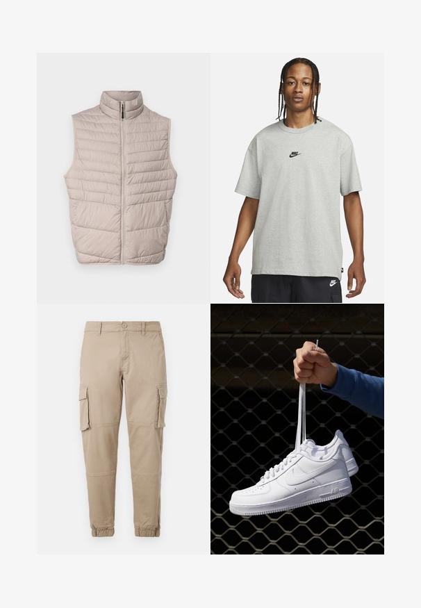 Beige vuorattu ilman hihoja liivi, jossa on korkea kaulus ja täyspitkä vetoketju. Siinä on vaakasaumat ja sileä kangas.; Nuori henkilö, jolla on letitetyt hiukset, pukeutuneena vaaleanharmaaseen Nike T-paitaan ja mustiin Nike-shorteihin valkoista taustaa vasten.; Beige cargo-housut kevyestä puuvillamateriaaliesta. Omistaa elastiset hihnat, useita sivutaskuja ja nappisuljin.; Valkoiset nahkasneakersit, joissa on rei'ityksiä, pyöreä kärki, tasapohja ja paksut nauhat, joissa on näkyvä swoosh-logo ja "AIR" kantapäässä.