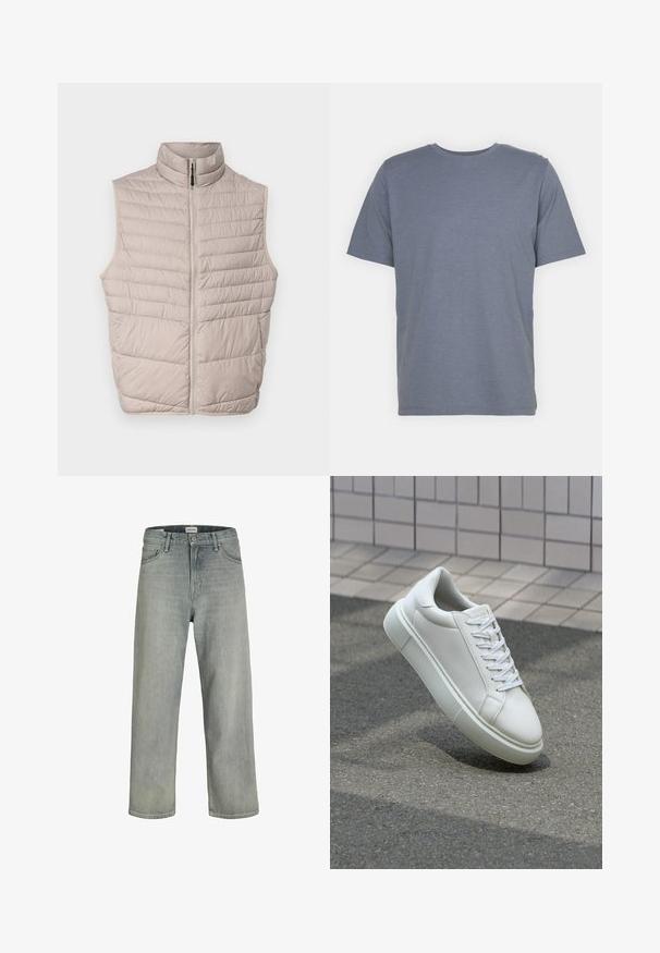 Padded béžová bezrukávová vesta s vysokým golierom a plným zipsom. Má horizontálne švy a hladkú textúru tkaniny.; Šedé tričko s krátkymi rukávmi a okrúhlym výstrihom, vyrobené z jemnej bavlnenej zmesi. Jednoduchý dizajn, bez vzorov alebo akcentov.; Svetlošedé džíny vo voľnom strihu vyrobené z denimu. Obsahujú klasický dizajn s piatimi vreckami, pútka na opasok a strih rovného nohavice.; Biele kožené tenisky s hladkým povrchom, okrúhlym špičkou a plochými bielymi šnúrkami. Obsahuje štruktúrovanú gumovú podrážku a minimalistický dizajn.