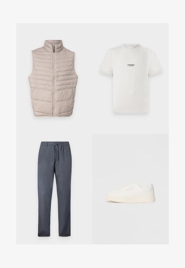 Beige vuorattu ilman hihoja liivi, jossa on korkea kaulus ja täyspitkä vetoketju. Siinä on vaakasaumat ja sileä kangas.; Valkoinen puuvillapaita lyhyillä hihoilla, jossa on musta "JJ Studios" -logo rinnassa. Pyöreä kaula-aukko ja normaali istuvuus.; Harmaat housut, jotka on valmistettu sileästä kankaasta, varustettu nyörikiinnityksellä ja sivutaskuilla. Suorat lahkeet ja siisti viimeistely.; Valkoiset liukusukat, joissa on teksturoitu pinta, paksu pohja ja minimalistikot. Sivulla on brändin logo.