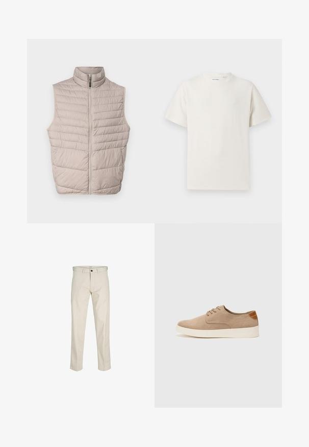 Képzett bézs ujjatlan mellény magas gallérral és teljes hosszúságú cipzárral. Vízszintes varratokkal és sima szövettextúrával rendelkezik.; Fehér, rövid ujjú póló bordázott textúrával. Kerek nyakkivágás, laza szabás, nincs látható minta vagy díszítés. Egyszerű és sokoldalú dizájn.; Beige pamut nadrág, egyenes fazonnal, gombos zipzárral, elülső zsebekkel és varrott varratokkal. Sima textúra, minimális részletezés és minta nélküli.; Beige velúr sportcipő, kerek orral, fűzős elülső résszel és textúrált hátsó részlettel. Fehér gumitalp kontrasztot ad. Egyszerű és modern design.