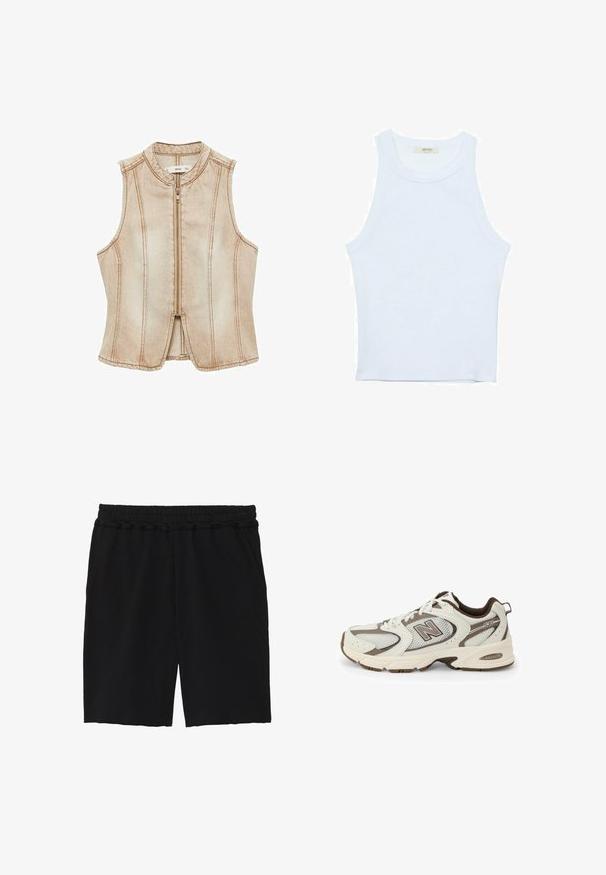 Tan mouwloze denim vest met een hoge halslijn, ritssluiting aan de voorkant en verticale naaddetails. Zachte textuur met een iets vervaagde afwerking.; Witte tanktop, geribbelde textuur, ronde halslijn, mouwloos ontwerp, aansluitende vorm, subtiele branding op het label binnenin de kraag.; Zwarte katoenen shorts met een elastische tailleband, twee zijzakken, een relaxte pasvorm en rafelige randen aan de zoom voor een casual uitstraling.; Witte en bruine sportschoen met een mesh bovenkant, gebogen ontwerp, gevoerde zool en een "N" logo aan de zijkant. Duurzame rubberen buitenzool.