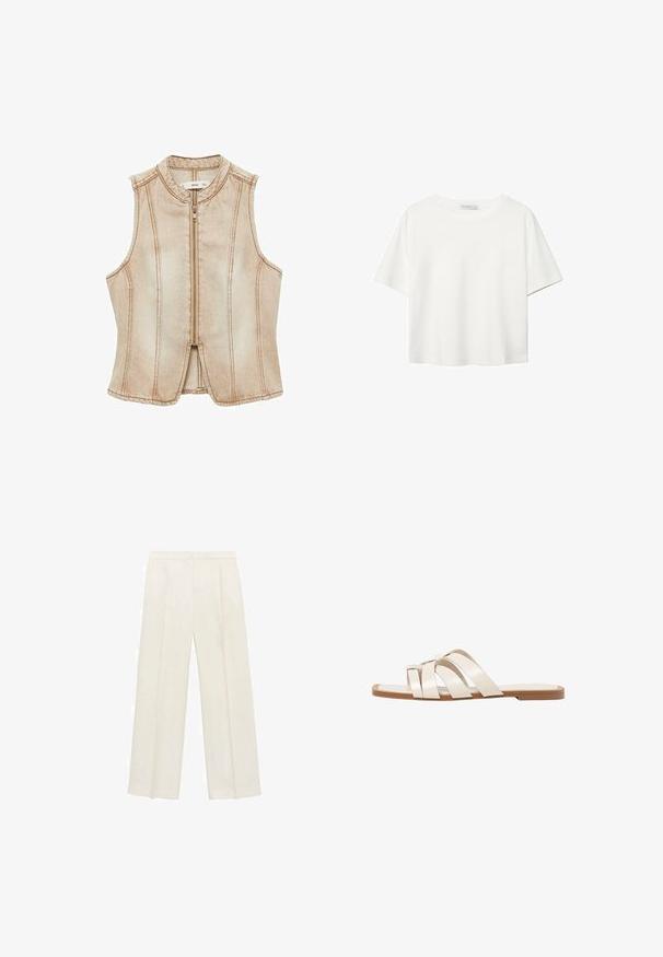 Světlý bezrukávový denimový vest s vysokým výstřihem, předním zipovým zapínáním a vertikálními švy. Jemná textura s mírně vybledlým povrchem.; Bílý krátký rukáv tričko vyrobené z bavlny. Má kulatý výstřih a volný střih. Hladký materiál bez viditelných vzorů nebo akcentů.; Kalhoty s širokými nohavicemi v světle krémové barvě. Vyrobené z hladké tkaniny s záhyby vpředu a bočními kapsami.; Ploché sandály s hnědou gumovou podrážkou, navržené se třemi překrývajícími se bílými koženými řemínky a malým mašlí uprostřed.