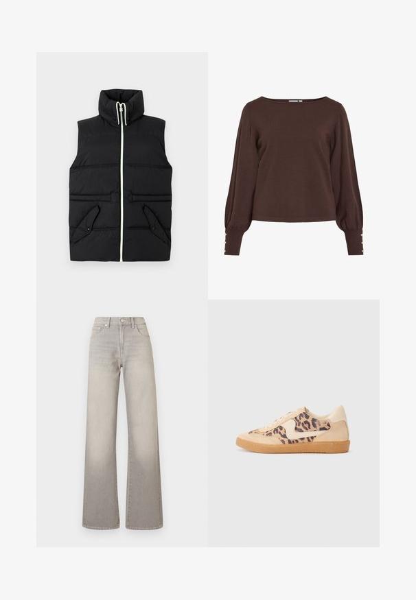 Colete acolchoado preto com gola alta, fechamento frontal com zíper e dois bolsos com flaps. Apresenta costura em contraste e uma textura suave.; Camisola castanha de malha com decote barco, mangas compridas bufantes e detalhes com botões nos punhos. Apresenta um ajuste descontraído e textura suave.; Jeans largos cinzentos com um acabamento desbotado, fecho de botão, design de cinco bolsos e detalhes costurados ao longo das costuras.; Sapatilhas com padrão de leopardo, parte superior em camurça bege, sola de borracha castanha e detalhes brancos. Bico redondo e design com atacadores, com um acabamento texturizado.