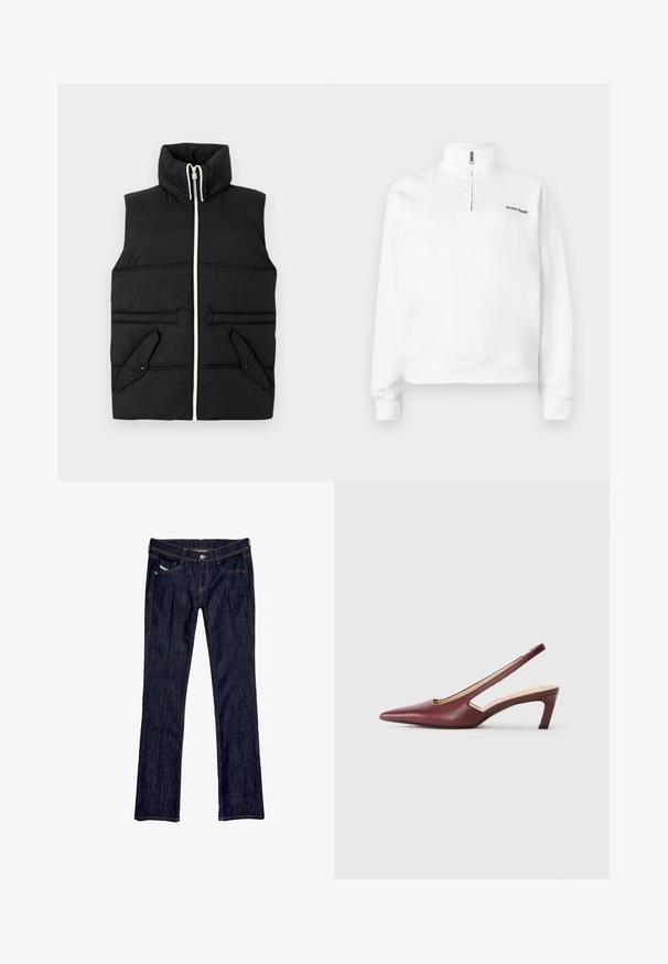 Svart polstret vest med høy krage, frontlukking med glidelås og to klafflommer. Har kontraststing og en jevn tekstur.; Hvit genser med høy krage og halv glidelås. Har en liten svart logo på brystet og ribbestrikkede mansjetter. Glatt tekstur.; Mørkeblå denim jeans med rett ben-design, med knappelukking foran, fem lommer og synlige sømmer langs sømmene.; Burgunder slingback hæle med spids tå, udskårne detaljer på siden og en midt-højde blokhæle. Glat læderfinish.