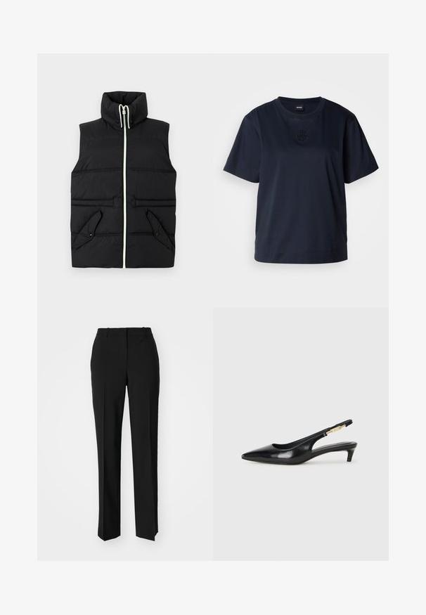 Juodas paminkštintas liemeniukas su aukštu apykakle, priekiniais užtrauktukais ir dviem kišenėmis su užklotu. Pabrėžia kontrastingas siūles ir lygią tekstūrą.; Tamsiai mėlyna trumpomis rankovėmis marškinėliai, pagaminti iš minkštos medvilnės. Savyje turi apvalų kaklą ir subtilų išsiuvinėtą logotipą ant krūtinės.; Juodi pritaikyti kelnių modeliai su tiesiomis kojomis, pasižyminčios lygiomis tekstūromis ir ryškiomis klostėmis priekyje. Nėra matomų detalių.; Juodas odinis pavasario batelių modelis su smailiu nosiu, turintis siaurą kulniuką ir auksinės spalvos akcentu reguliuojamoje juostoje. Lygi tekstūra.