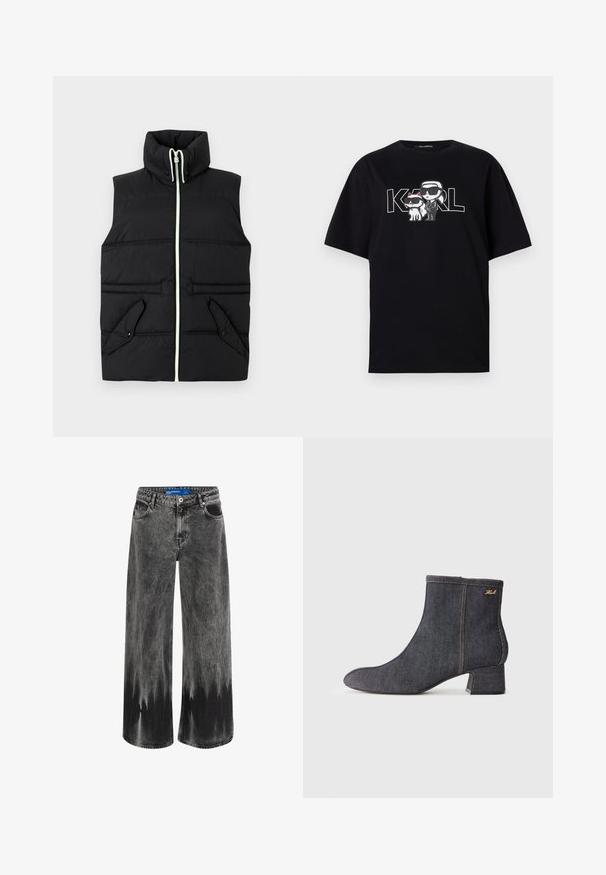 Vest negru căptușit cu guler înalt, închidere cu fermoar frontal și două buzunare cu clapetă. Prezintă cusături contrastante și o textură netedă.; Tricou negru din bumbac, cu un imprimeu grafic ce înfățișează două personaje de desene animate cu ochelari de soare, însoțit de textul "KARL" scris cu litere îndrăznețe.; Jeans cu picioare largi din denim negru estompat, cu un efect dip-dye, accesorii din oțel și un design clasic cu cinci buzunare și un talie standard.; Botine din denim închis, cu vârf ascuțit, toc bloc, cusături vizibile și un logo subtil al brandului pe lateral. Textură netedă.