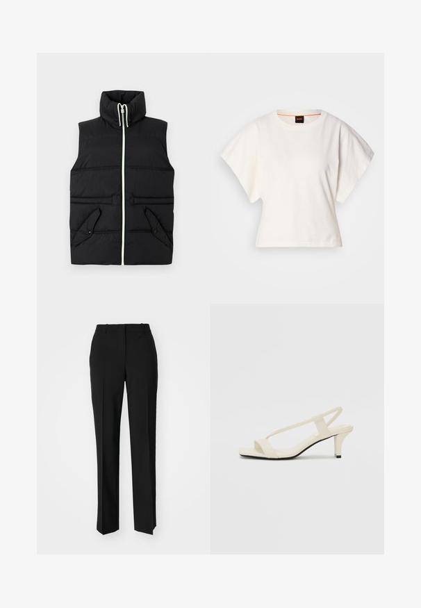 Schwarze gepolsterte Weste mit hohem Kragen, Frontreißverschluss und zwei Klapptaschen. Verfügt über kontrastierende Nähte und eine glatte Textur.; Weißes, kurzes T-Shirt, kurze weite Ärmel, weicher Baumwollstoff, runder Ausschnitt mit subtilen orangefarbenen Akzenten, minimales Design, keine Muster oder Grafiken.; Schwarze, taillierte Hose mit geradem Bein, aus einem glatten Stoff und mit klaren Falten an der Vorderseite. Keine sichtbare Hardware.; Beige Blockabsatzsandalen mit dünnen Riemen und quadrater Spitze. Glattes Material mit minimalem Design, entworfen für einfaches Tragen.