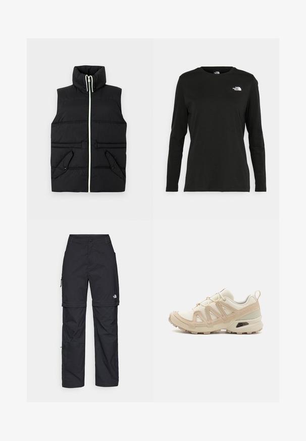 Colete acolchoado preto com gola alta, fechamento frontal com zíper e dois bolsos com flaps. Apresenta costura em contraste e uma textura suave.; T-shirt preto de mangas longas, feito de algodão, com decote redondo. Apresenta um pequeno logótipo branco na área esquerda do peito. Design simples e ajuste confortável.; Calças cargo pretas em nylon com fechos de correr removíveis, punhos ajustáveis, múltiplos bolsos e um logótipo na perna direita. Textura suave e leve.; Sapatilha atlética beige e creme com parte superior em malha texturizada, sobreposições de suporte e sola de borracha com um padrão de cravo para tração.
