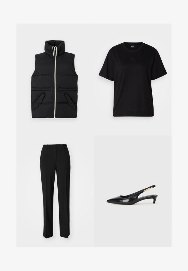 Melnā polsterētā veste ar augstu apkakli, priekšējo rāvējslēdzēja aizvaru un divām atloka kabatām. Raksturīgas kontrastējošas šuves un gluda tekstūra.; Melna kokvilnas T-krekls ar apaļu izgriezumu, īsām piedurknēm un izšūtu logotipu uz krūtīm. Vienkāršs, brīvs piegriezums bez rakstiem.; Melnas pielāgotas bikses ar taisnu kāju dizainu, kas raksturojas ar gludu faktūru un asiem krokām pa priekšu. Nav redzamu metāla detaļu.; Melnas ādas slingback zābaki ar smailu purngalu, ar šauru papēdi un zelta krāsas akcentu uz regulējama siksniņas. Gluda tekstūra.