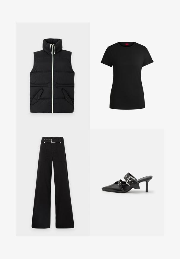 Crna podstava prsluk s visokim ovratnikom, prednjim zatvaranjem na patentni zatvarač i dva džepa s preklopom. Ima kontrastno šivanje i glatku teksturu.; Crna pamučna majica s kratkim rolanim rukavima, okruglim izrezom i crvenom etiketom. Glatka tekstura, uski kroj s minimalnim detaljima.; Crne široke hlače od pamuka, s visokim strukom, velikim bočnim džepovima i pojasom s srebrnim detaljima.; Crne visoke mule s oštrim vrhom, izrađene od glatke kože. Imaju široku narukvicu oko gležnja sa srebrnom kvadratnom kopčom i nitnama.