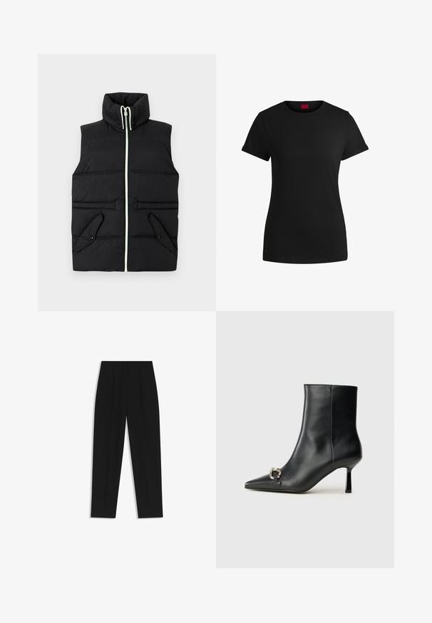 Black padded vest with high collar, front zipper closure, and two flap pockets. Features contrast stitching and a smooth texture.; Black cotton t-shirt with short rolled sleeves, a round neckline, and a red label. Smooth texture, fitted shape with minimal detailing.; Black trousers with a straight fit, featuring double pleats, a smooth texture, and a classic waistband design. No visible hardware or accents.; Black leather ankle boot with pointed toe, slim mid-height heel, and silver buckle detail on side against plain background.