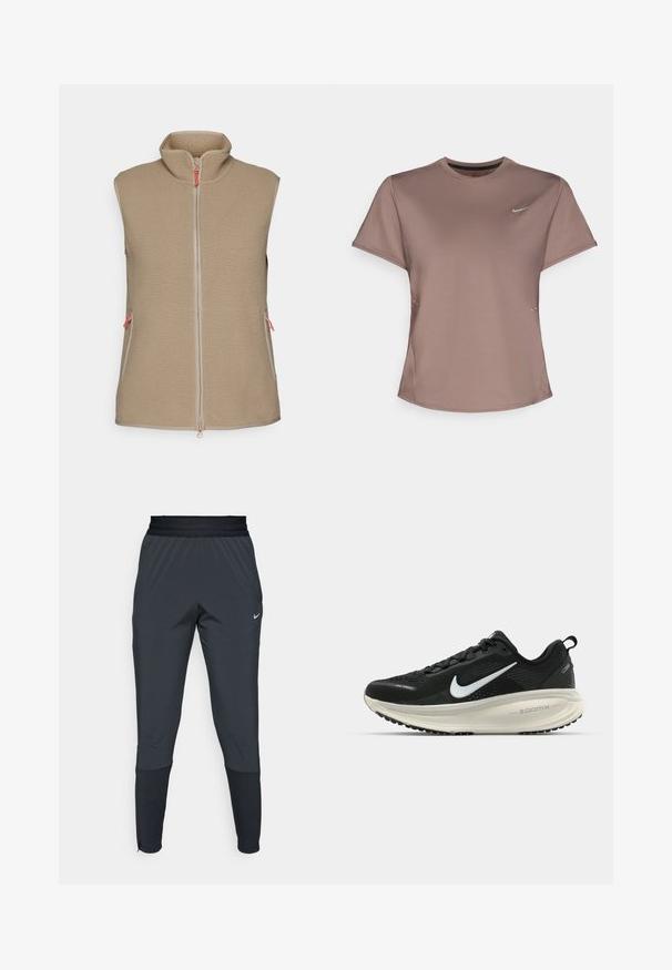 Peak Performance VEST - Brezrokavnik - avid beige; Rjava športna majica z okroglim izrezom, kratkimi rokavi in subtilnimi stranskimi razporki. Ima majhen odsevni Nike logo na prsih.; Nike športne hlače v temno sivi barvi, s taperiranim krojem, elastičnim pasom in dodatnimi detajli blizu manšet.; Črne Nike tekaške čevlje z zračno mrežno zgornjim delom, belim logotipom Swoosh, teksturiranimi detajli in smetanasto barvnim srednjim delom ZoomX.