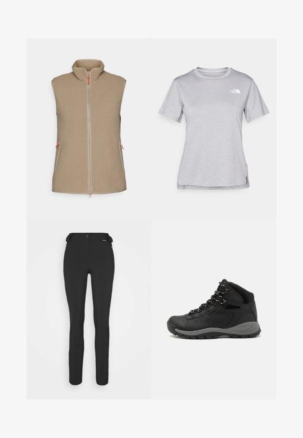 Peak Performance VEST - Vesta - avid beige; Sivý tričko s krátkym rukávom vyrobené z jemného, vlhkosť odvádzajúceho materiálu. Obsahuje okrúhly výstrih a malé biele logo na hornej ľavej strane.; Čierne, priliehavé nohavice vyrobené z flexibilného materiálu. Medzi vlastnosti patrí zipsová bočná vrecko, tvarované kolená a hladký povrch.; Čierna turistická obuv s polovičným strihom, s textúrovaným zvrškom, šedými akcentmi a odolnou gumovou podrážkou s protišmykovými hrebienkami.