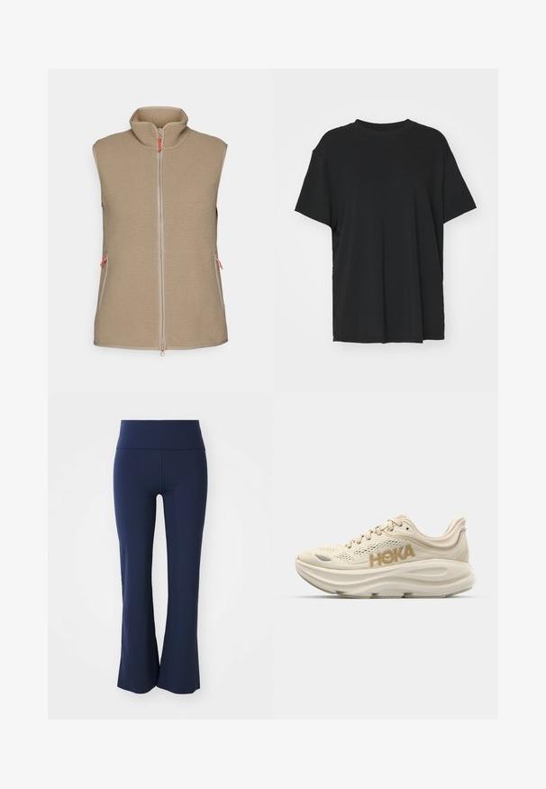 Peak Performance VEST - Veste - avid beige; Melna īsām piedurknēm T-krekli, izgatavots no gludas auduma, ar apaļu kakla izgriezumu un brīvu piegriezumu. Satur sānu šķēlumu, lai nodrošinātu papildu komfortu un gaisa caurlaidību.; Modelētas no stiept auduma, tumši zilas flared bikses ar platu jostu. Gluda tekstūra un bez redzamām rakstu vai metāla detaļām.; Gaiša beiga skriešanas apava ar sietveida augšdaļu, mīkstu apkaklīti, izteiksmīgu "HOKA" zeltītu logotipu un biezu, mīkstinātu zoli komfortam.