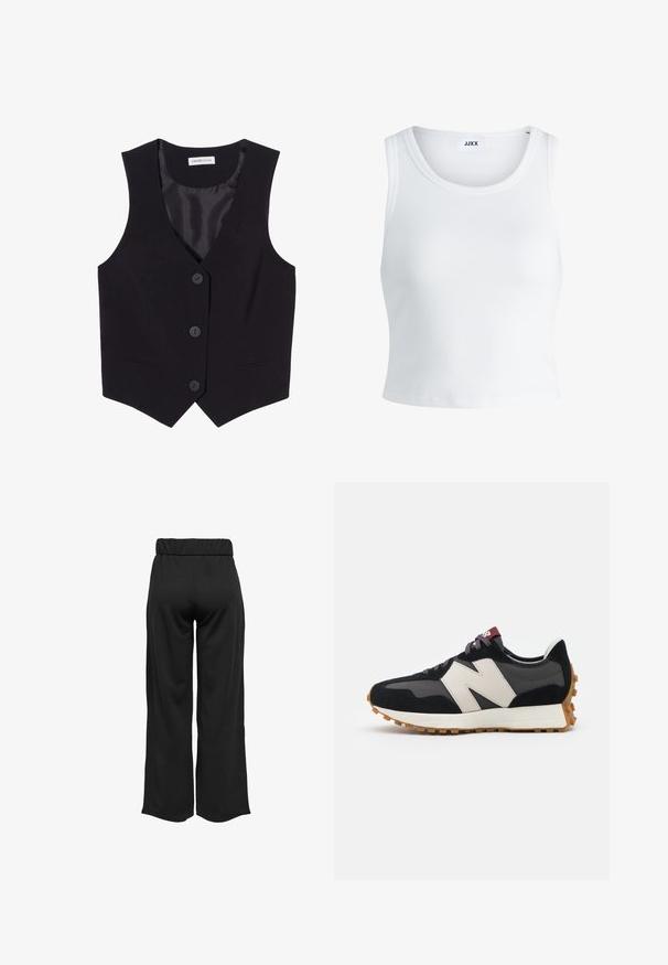 Gilet sans manches noir avec un décolleté en V, ornée de trois boutons sur le devant et de deux poches latérales. Fabriqué dans un tissu lisse avec une coupe ajustée.; Débardeur blanc côtelé avec un col rond, sans manches et d'une longueur cropped. L'étiquette indique "JJXX". Texture du tissu lisse.; Pantalons noirs à jambes larges avec une taille élastique, fabriqués à partir d'un tissu lisse. Présente un design épuré sans poches ni détails de couture visibles.; Baskets en suede noir et gris avec un grand logo "N" couleur crème, lacets violets et semelle extérieure en caoutchouc gomme texturé.