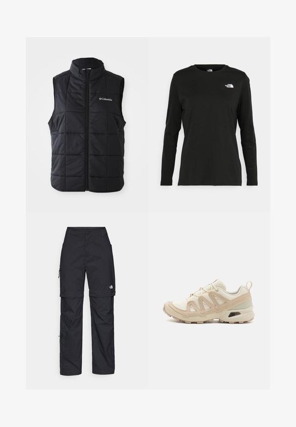 Juodas pūkinis liemenėlis su aukštu apykakle, horizontaliu siuvinėjimu, priekyje su užtrauktuku ir Columbia logotipu kairėje krūtinės pusėje. Lengvas medžiaga.; Juodas ilgomis rankovėmis medvilninis marškinėliai su apvali apykakle. Savybė - mažas baltas logotipas kairėje krūtinės pusėje. Paprastas dizainas ir pritaikymas.; Juodos nailoninės krovinių kelnės su reguliuojamais rankovėmis, daugybe kišenių ir logo ant dešinės kojos. Lygi, lengva tekstūra.; Bežinės ir kreminės spalvos sportinės bateliai su tekstūruoto tinklelio viršutine dalimi, palaikančiomis detalėmis ir guminiais padais, turinčiais raštą, užtikrinantį sukibimą.