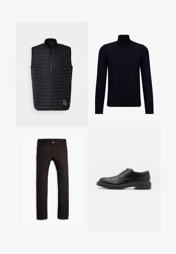 Black puffer vest made of quilted fabric, featuring a high collar, zip closure, side pockets, and a logo patch on the bottom left.; Dark navy turtleneck sweater made of fine knit fabric, featuring long sleeves and a fitted, high neckline. No visible patterns or accents.; Black slim-fit jeans with five pockets and button closure, displayed flat on a white background.; Black leather lace-up shoe with a rounded toe, smooth texture, minimal stitching, and a low rubber heel. Logo on the heel.