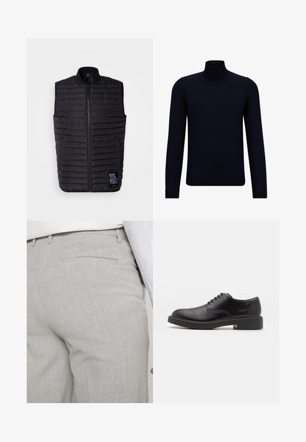 Gilet invernale nero realizzato in tessuto trapuntato, dotato di colletto alto, chiusura con zip, tasche laterali e una patch con logo in basso a sinistra.; Maglione a collo alto di colore blu navy scuro, realizzato in tessuto a maglia fine, con maniche lunghe e un collo alto attillato. Nessun motivo o dettaglio visibile.; Pantaloni sartoriali grigio chiaro realizzati in tessuto strutturato, con una tasca posteriore singola e cuciture pulite.; Scarpa nera in pelle con lacci, punta tonda, texture liscia, cuciture minime e tacco in gomma basso. Logo sul tacco.