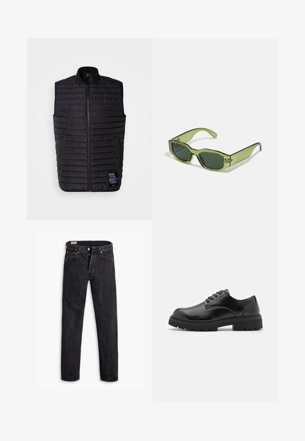 Svart dunvest laget av quiltet stoff, med høy krage, glidelås, sidelommer og et logo-patch nederst til venstre.; Mørk marineblå turtleneck genser laget av finstrikket stoff, med lange ermer og en tettsittende, høy hals. Ingen synlige mønstre eller detaljer.; Sorte denimjeans med rett passform. Har fem lommer, to frontlukkinger med knapp og subtile kontrasterende sømmer. Matt tekstur.; Sorte lær sko med rund tå, snøring og en tykk, teksturert gummisåle. Har søm langs kanten og en glatt overflate.; Grønne, gjennomsiktige solbriller med rektangulær ramme, mørkegrønne linser og en logodatatovering på siden. Glatt tekstur og moderne design.