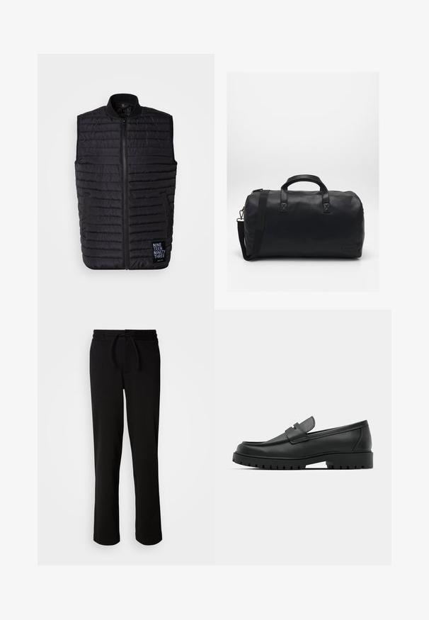 Vest puf negru realizat dintr-un material matlasat, având guler înalt, închidere cu fermoar, buzunare laterale și o etichetă cu logo în partea stângă jos.; Două cămăși cu mânecă scurtă: una complet neagră, iar cealaltă albă cu dungi verticale negre. Ambele au închidere cu nasturi și un guler clasic.; Pantaloni de trening negri, cu talie elastică și șnur, dintr-un material moale și elastic. Au o croială lejeră, cu picioare drepte și fără buzunare vizibile.; Mocasini din piele neagră cu vârful rotunjit, având un design cusut, talpă joasă și o talpă din cauciuc texturat, cu crampoane.; Geanta duffel neagră, realizată dintr-un material sintetic texturat. Dispune de două mânere și o curea de umăr ajustabilă. Design simplu, fără modele vizibile.
