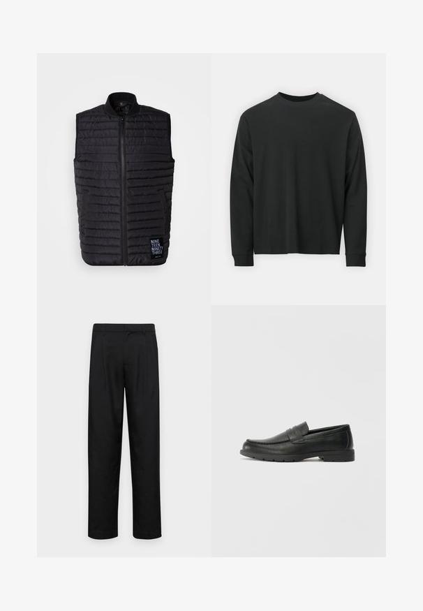Black puffer vest made of quilted fabric, featuring a high collar, zip closure, side pockets, and a logo patch on the bottom left.; Long-sleeve black T-shirt made of cotton, featuring a round neckline, loose fit, and ribbed cuffs. Smooth texture with no visible patterns.; Black trousers made of smooth fabric, featuring a straight-leg design, two front pleats, and standard waistband with belt loops.; Black leather loafers with a smooth finish, moccasin-style upper, stitched detailing, and a rubber sole. Classic design with a low heel.