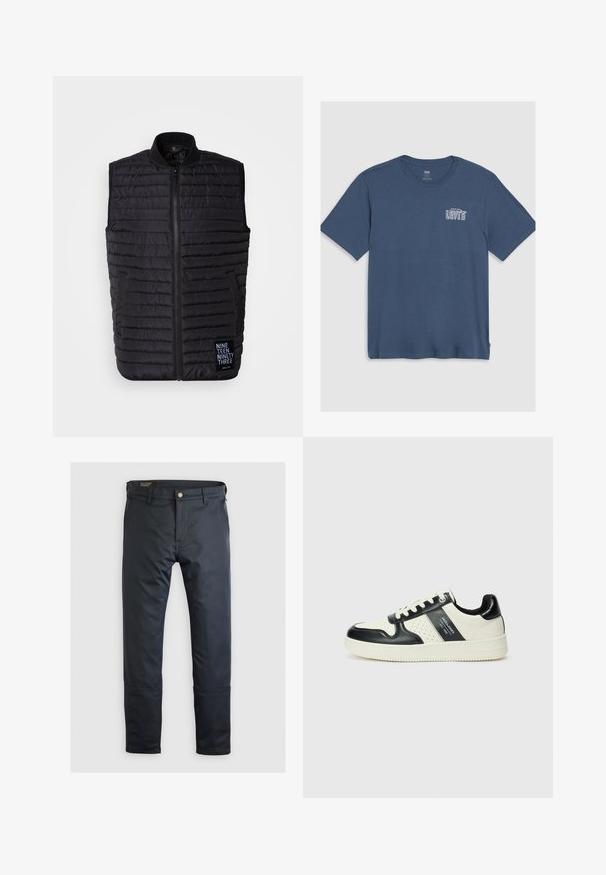 Zwarte puffer vest van geb Quilted stof, met een hoge kraag, ritsluiting, zijzakken en een logo-opdruk op de linkerbovenhoek.; Blauwe katoenen t-shirt met een ronde hals en korte mouwen. Een wit "Levi's" logo is gedrukt op het linker borstgedeelte. Eenvoudig ontwerp.; Marineblauwe broek van gladde stof, met een knoopsluiting, riemlussen en subtiele stikdetails; klassiek recht model.; Leren sneakers met een zwart en crèmekleurig kleurenschema, voorzien van geperforeerde accenten, een gevoerde kraag en een gestructureerde buitenzool.