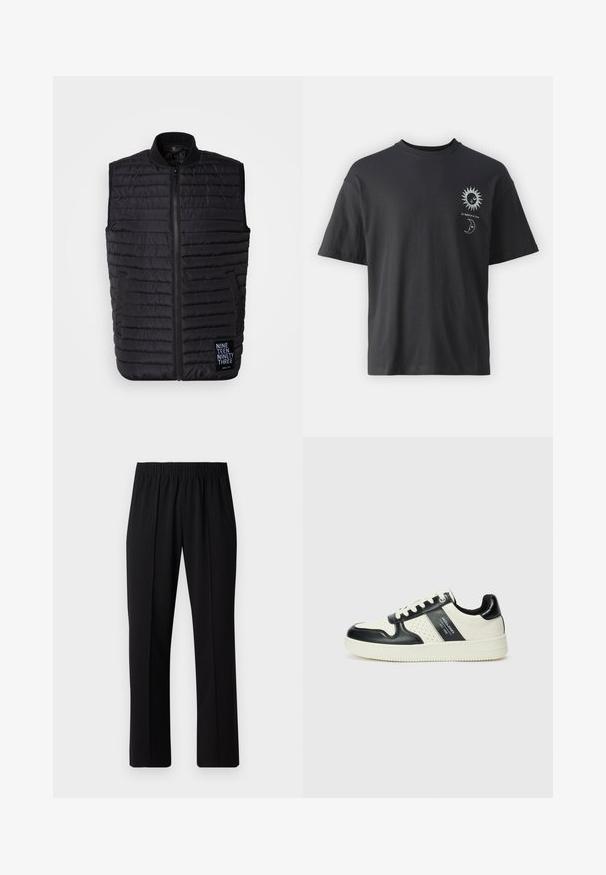 Fekete puffos mellény, bélelt szövetből készült, magas gallérral, cipzáras záródással, oldalsó zsebekkel és a bal alsó részen elhelyezett logóval.; Fekete pamut póló rövid ujjakkal, kerek nyakkal, elől nap és hold grafikával, mellette a "Le Soleil et La Lune" szöveggel.; Fekete, gumíros derekú nadrág egyenes szabással, sima felülettel, látható minták vagy fémrészek nélkül.; Fekete és krém színű bőrsneaker, perforált díszítésekkel, párnázott bokapánttal és texturált talppal.
