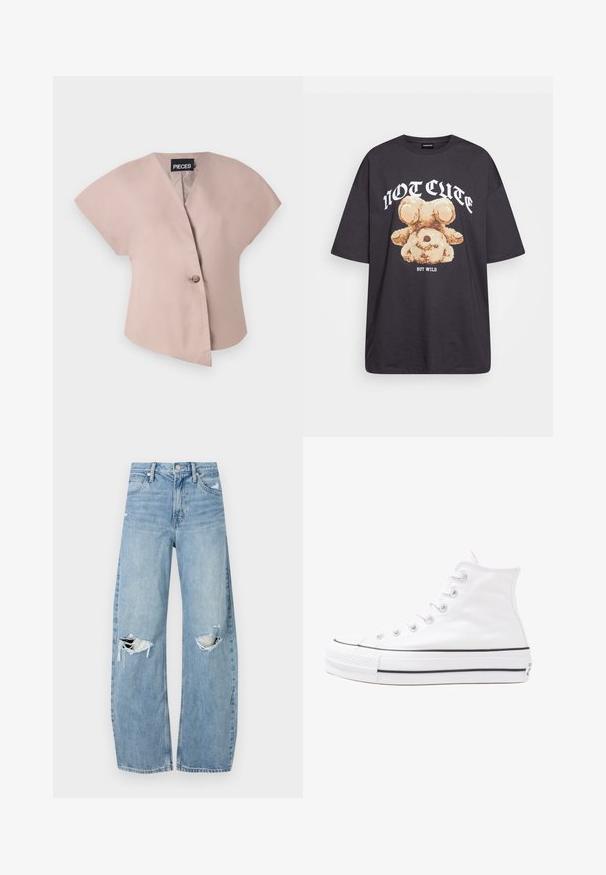 Svijetloružičasta bluzica kratkih rukava s V-izrezom i jednim dugmadićem. Izrađena od glatkog materijala, s asimetričnim dizajnom.; Crna oversized majica s grafikom medvjeda i natpisom "NIJE SLATKO, ALI DIVLJE" u podebljanim, bijelim slovima. Pamuk.; Svijetloplave, visoko-strukirane traperice. Imaju široke nogavice, dva razderana područja na koljenima i klasičan stil s pet džepova.; Bijela visoka platnena tenisica s crnom gumenom potplatom, prednjim gumenim zaštitnikom prstiju i šest rupa za vezanje, s čistim, minimalističkim dizajnom.