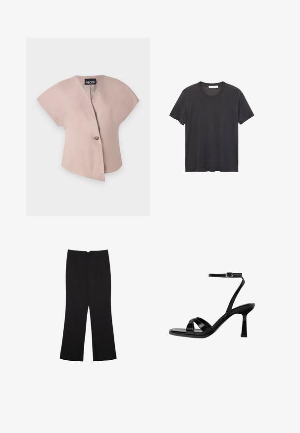 Jasnoróżowa bluzka z krótkim rękawem, z dekoltem w kształcie litery V i jednym zapięciem na guzik. Wykonana z gładkiego materiału, cechująca się asymetrycznym krojem.; Czarna koszulka bawełniana z okrągłym dekoltem. Krótkie rękawy, luźny krój i prosty dół bez ozdób czy wzorów.; Czarne spodnie o prostym kroju, z przednimi kieszeniami i bocznymi rozcięciami na dole. Wykonane z miękkiego, gładkiego materiału. Odpowiednie na różne okazje.; Czarne sandały na wysokim obcasie z paskami, ze kwadratowym noskiem, gładkiego syntetycznego materiału, z paskiem wokół kostki i srebrnym zapięciem oraz rzeźbionym obcasem.