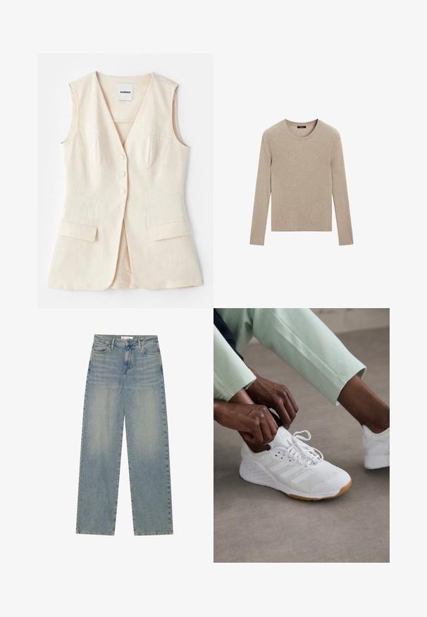 Beige mouwloze vest met een getailleerde voorkant, zes knopen, twee voorzakken en gebogen naden. Gemaakt van lichtgewicht stof.; Massimo Dutti RIBBED CREW NECK - Trui - LIGHT BROWN; Lichtblauwe high-waist spijkerbroek met rechte pijpen, voorzakken, riemlussen en zichtbare knoop- en ritssluiting.; Witte sportieve schoen met een mesh bovenkant, rubberen zool en een design met drie strepen. Veters worden versteld; lichtgrijze en mintgroene kleding zichtbaar.