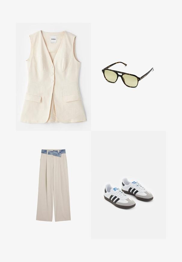 Beige ærmeløs vest med tætsiddende liv, seks knapper, to forlommer og buede sømme. Lavet af letvægtsstof.; Strikket sweater med bølgemønstre i blå og hvid, med en cremefarvet rund halsudskæring og ribbede manchetter og kant. Tekstureret design hele vejen igennem.; Lys beige vidde bukser med en denimlivrem, der har to knapper og plisserede frontdetaljer. Glat tekstur og afslappet pasform.; Sportsko med en overdel i hvid læder, grå ruskind på tåen og tre sorte striber. Har et blåt logo på tungen og en struktureret gummisål.; Skildpaddemønstrede solbriller med rektangulær form, grønfarvede linser og mønstrede acetatstel. Har metaldetaljer nær linserne.