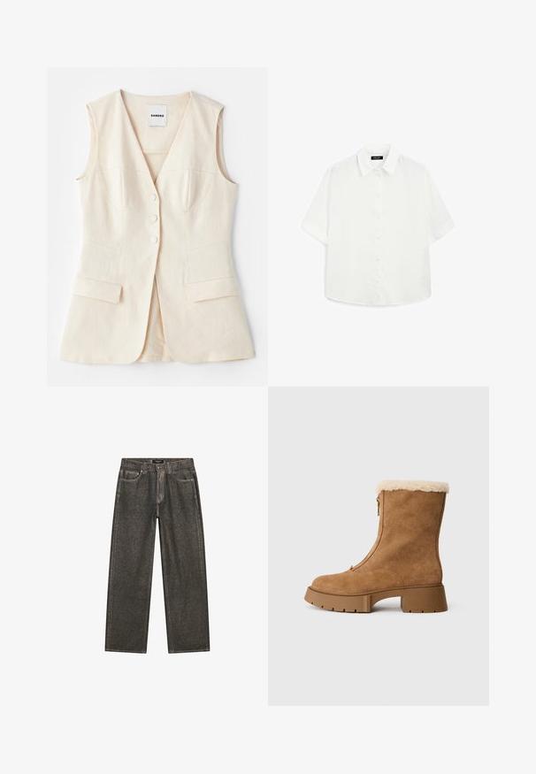 Beige ärmellose Weste mit tailliertem Oberteil, sechs Knöpfen, zwei Fronttaschen und gebogenen Nähten. Aus leichtem Stoff gefertigt.; Weißes kurzärmeliges Hemd aus leichtem Stoff, mit klassischem Kragen, Knopfverschluss und abgerundetem Saum mit subtiler Textur.; Dunkelgraue weit geschnittene Jeans aus Denim, mit einem klassischen Fünf-Taschen-Design, robuster Naht und einem Reißverschluss mit Knopfverschluss.; Brauner Suede-Stiefeletten mit einer flauschigen cremefarbenen Fütterung, seitlichem Reißverschluss und dicker Gummisohle. Besitzt eine glatte Textur und eine abgerundete Zehenpartie.