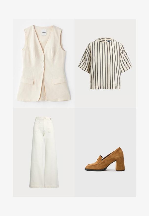 Bežinis be rankovių liemenės švarkas su prigludusia liemene, šešiais mygtukais, dviem priekinėmis kišenėmis ir užapvalintomis siūlėmis. Pagamintas iš lengvos medžiagos.; Kreminės ir tamsiai mėlynos juostelės trumpų rankovių marškinėliai, turi apvalų iškirpimą ir dėžutės tipo dizainą, pagaminti iš tekstūruotos medžiagos.; Plati kojinės džinsai of white denimo. Aukštas liemuo, su mygtuko uždarymu, dviem priekinėmis kišenėmis ir kontrastingai siuvinėjimu.; Rudos zomšo blokinio kulno loaferiai su apvaliu pirštu ir siuvinėta diržo detale, parodyti ant paprasto balto fono.