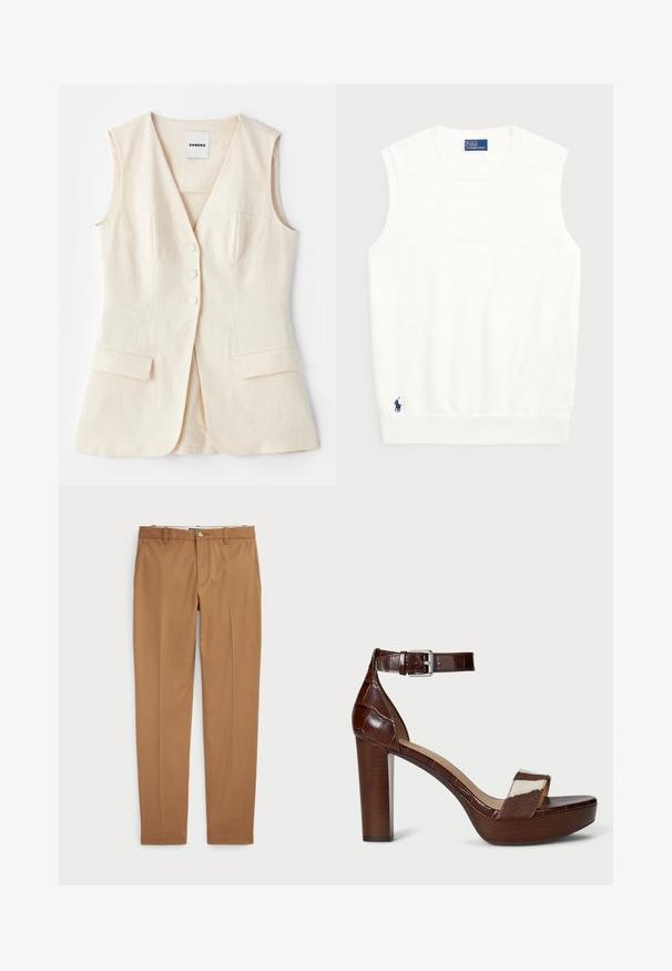 Beige ujjatlan mellény, testhez simuló fazonnal, hat gombbal, két elülső zsebbel és ívelt varrással. Könnyű anyagból készült.; Fehér ujjatlan pulóver sima pamutból, bordás szegéllyel és kis sötétkék logóval a bal alsó részen. Egyszerű dizájn, minta nélkül.; Barna pamut nadrág, karcsú szabású, sima elülső résszel és standard zsebekkel; sima tapintású és hemzsegő szegélyekkel.; Barna krokodilbőr hatású, magassarkú szandál szövet pánttal. Széles blokk sarkával és ezüst csattal ellátott bokapánttal rendelkezik. Texturált talpa van.