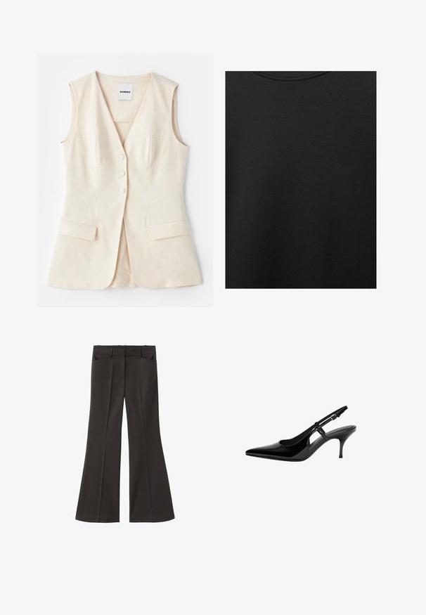 Gilet beige senza maniche con corpino aderente, sei bottoni, due tasche frontali e cuciture curve. Realizzato in tessuto leggero.; Tessuto di cotone nero con una texture liscia e scollatura rotonda, caratterizzato da un motivo a grana sottile e uniforme. Nessun logo o accento visibile.; Pantaloni neri a zampa d'elefante con vita alta; presentano due tasche frontali e una texture del tessuto liscia. Adatti per varie occasioni.; Pumps slingback in vernice nera con punta affusolata, ritagli laterali aperti, tacco sottile e cinturino alla caviglia regolabile.